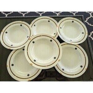 Mikasa Volaire Vtg Set of 6 8.5" Rim Soup Bowl, Retired Polka Dot Black Gold EUC